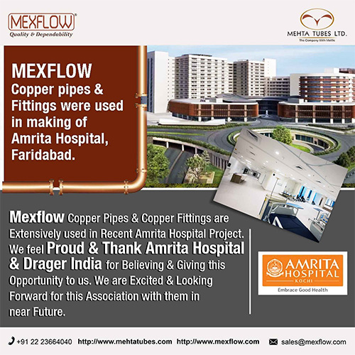 Mexflow Copper Pipes & Fittings were used in Making of Amrita Hospital, Faridabad