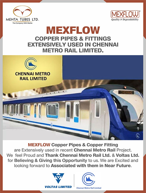 Mexflowยฎ Copper Pipes and Fittings Exclusively Used in Chennai Metro Rail Limited